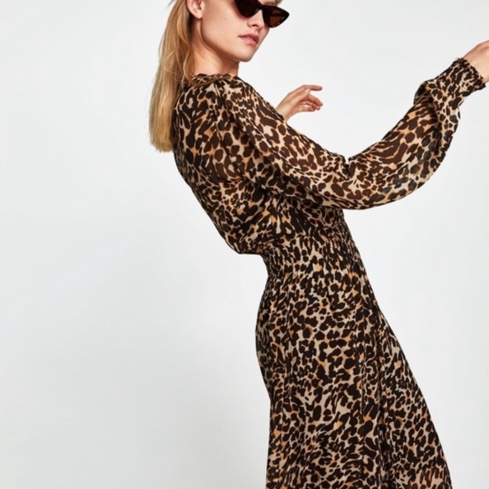 Zara Leopard Print Sheer Midi Dress Size XS Animal Print